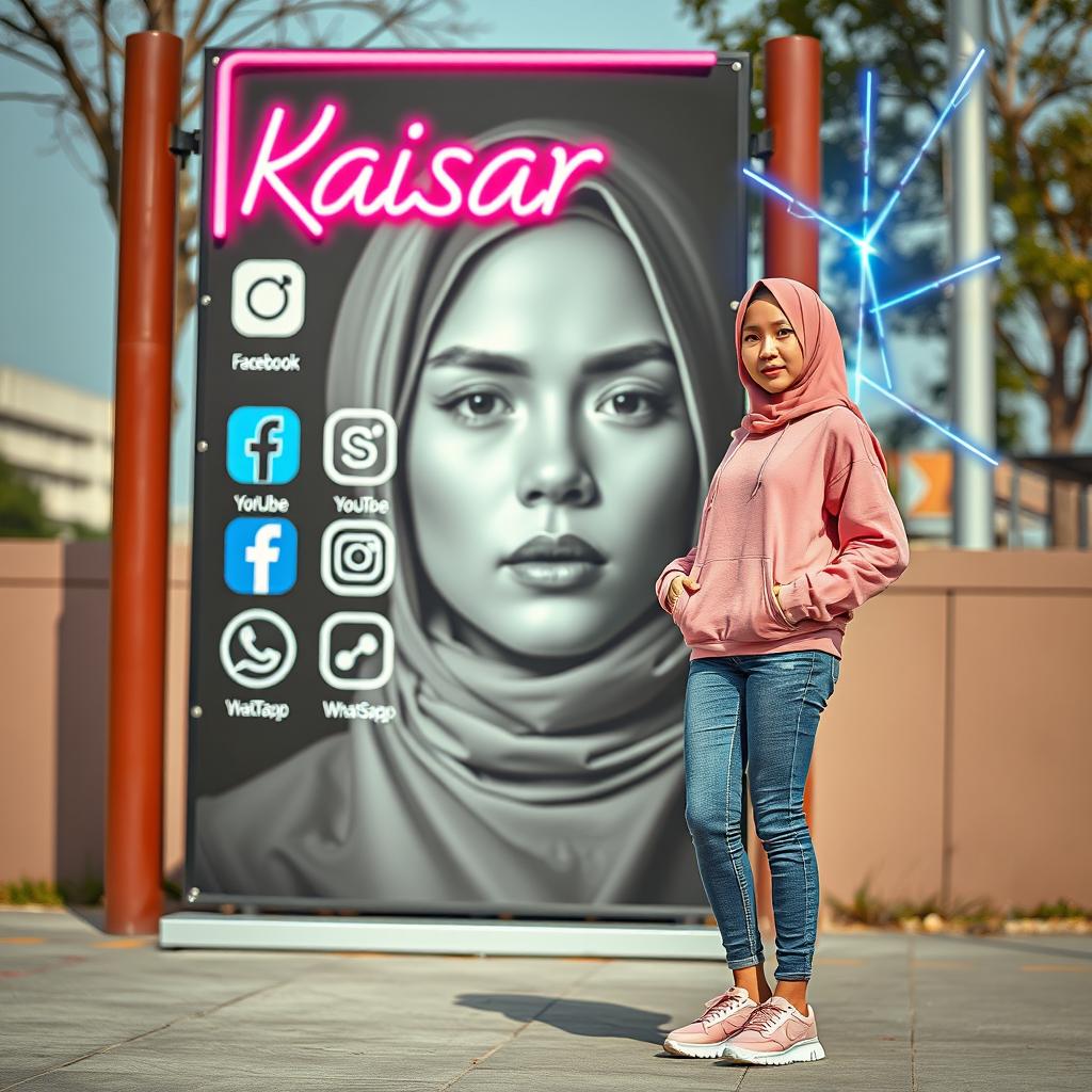 A young Korean woman standing confidently next to a large, striking poster of herself that features a close-up of her face in dramatic black and white