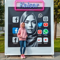 A young Korean woman standing confidently next to a large, striking poster of herself that features a close-up of her face in dramatic black and white