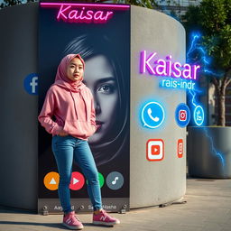 A young Korean woman standing confidently next to a large, striking poster of herself that features a close-up of her face in dramatic black and white