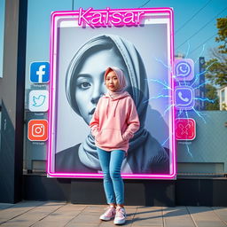 A young Korean woman standing confidently next to a large, striking poster of herself that features a close-up of her face in dramatic black and white