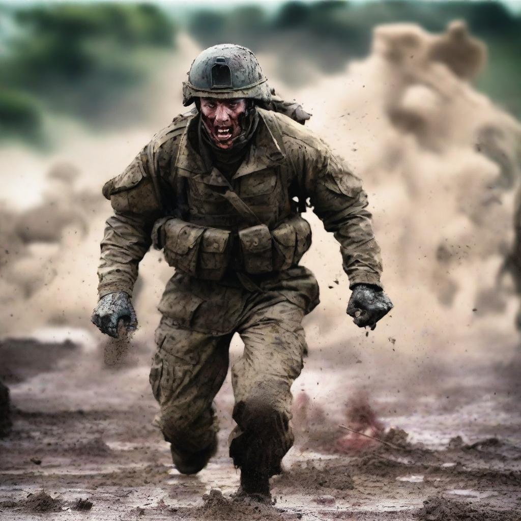 Create a vivid image of a soldier attacking and screaming in the thick of combat against the enemy, his uniform and skin streaked with sweat, blood, mud, and dirt, capturing the harsh realities of war on a chaotic battlefield