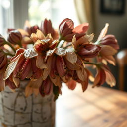 A close-up of wilted flowers, showcasing their faded colors and drooping petals