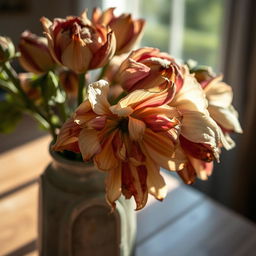 A close-up of wilted flowers, showcasing their faded colors and drooping petals
