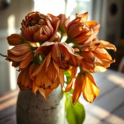 A close-up of wilted flowers, showcasing their faded colors and drooping petals