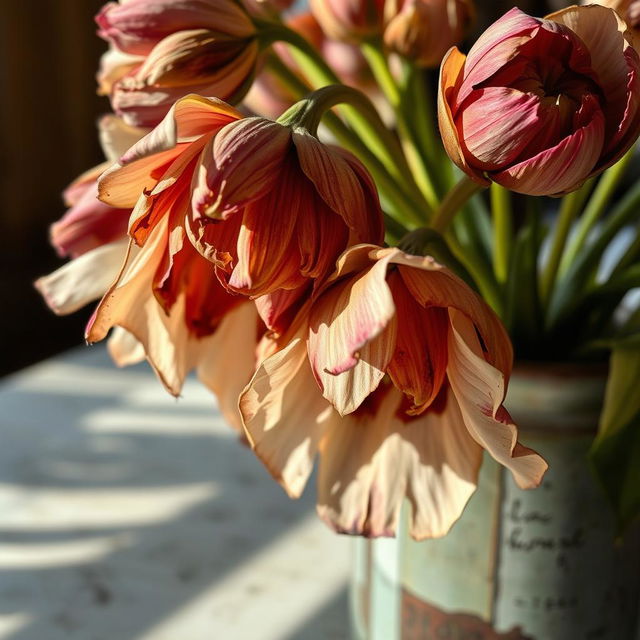 A close-up of wilted flowers, showcasing their faded colors and drooping petals