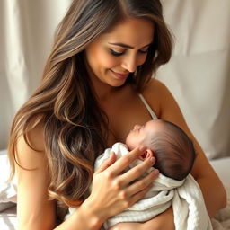 A stunning 30-year-old woman with long, flowing hair, gently breastfeeding a baby