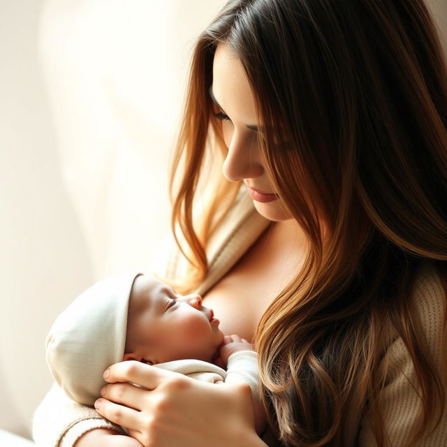 A stunning 30-year-old woman with long, flowing hair, gently breastfeeding a baby