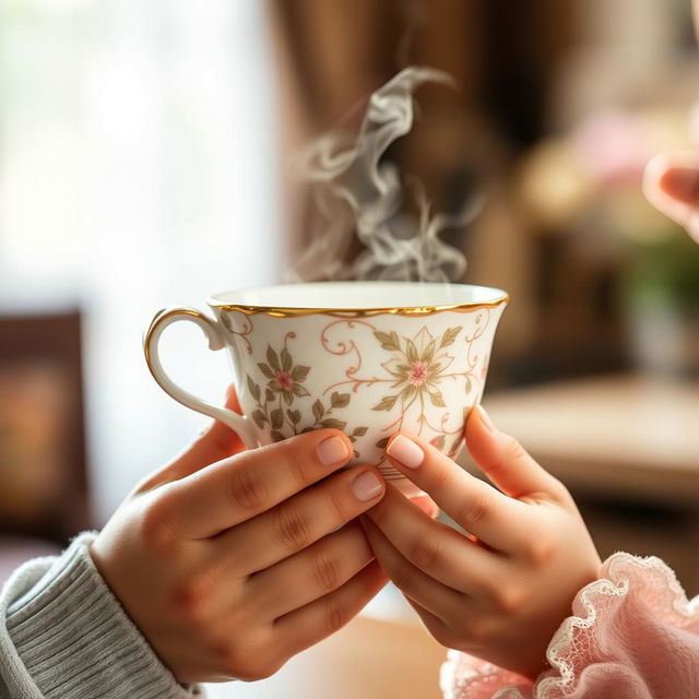 A close-up image of a delicate, intricately designed tea cup held by the hands of a boy and a girl