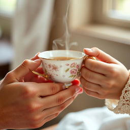 A close-up image of a delicate, intricately designed tea cup held by the hands of a boy and a girl