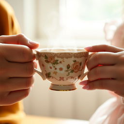 A close-up image of a delicate, intricately designed tea cup held by the hands of a boy and a girl