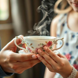 A close-up image of a delicate, intricately designed tea cup held by the hands of a boy and a girl