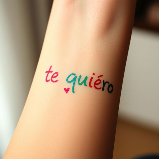 A close-up of a person's forearm with the words "te quiero" written in colorful marker