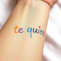 A close-up of a person's forearm with the words "te quiero" written in colorful marker