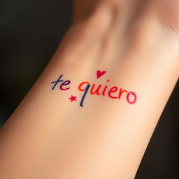 A close-up of a person's forearm with the words "te quiero" written in colorful marker