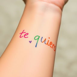 A close-up of a person's forearm with the words "te quiero" written in colorful marker