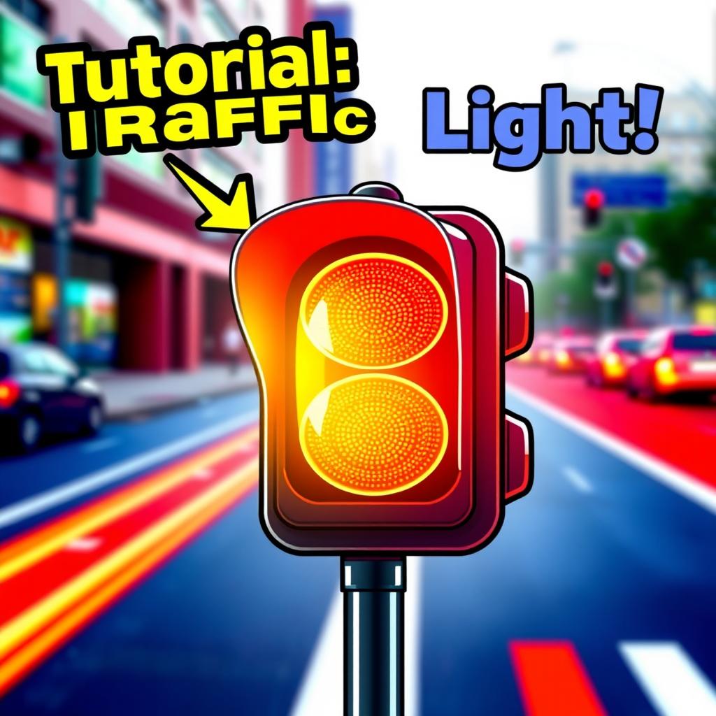 A dynamic and attractive YouTube thumbnail for a tutorial on traffic lights, featuring a colorful, stylized illustration of a traffic light in the center
