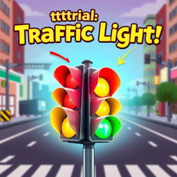 A dynamic and attractive YouTube thumbnail for a tutorial on traffic lights, featuring a colorful, stylized illustration of a traffic light in the center