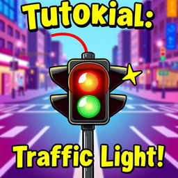 A dynamic and attractive YouTube thumbnail for a tutorial on traffic lights, featuring a colorful, stylized illustration of a traffic light in the center