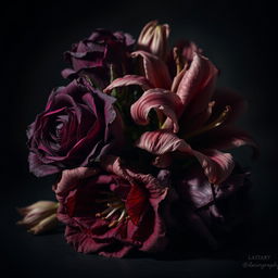 A dramatic still life composition featuring wilted flowers in a dark, moody setting