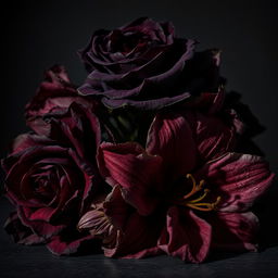 A dramatic still life composition featuring wilted flowers in a dark, moody setting