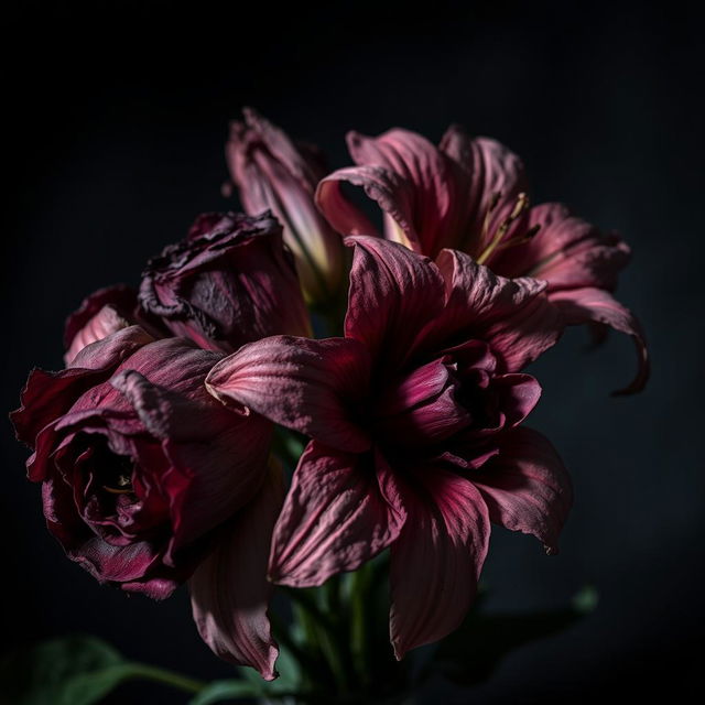 A dramatic still life composition featuring wilted flowers in a dark, moody setting