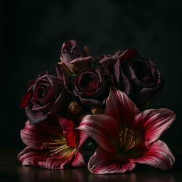 A dramatic still life composition featuring wilted flowers in a dark, moody setting