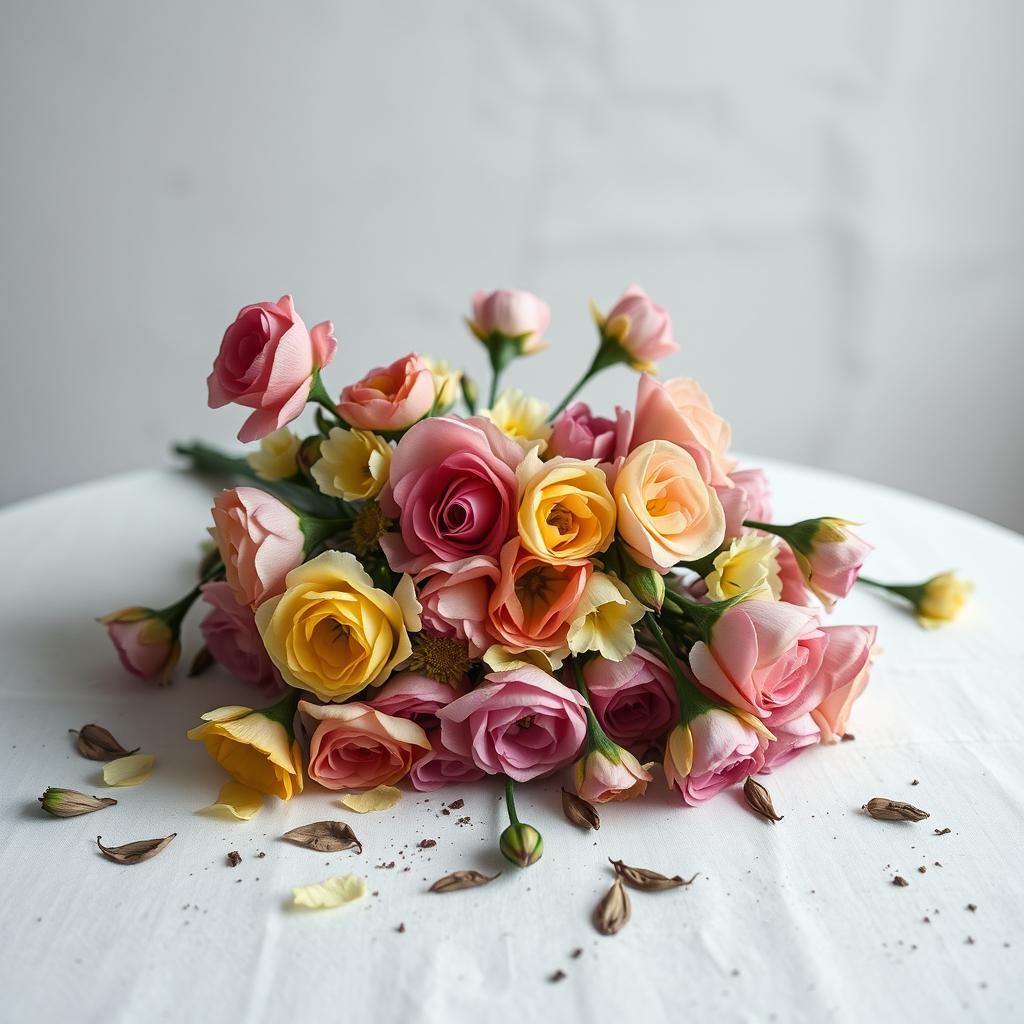 Un arreglo de flores marchitas, desmoronándose y caídas en un ambiente que evoca tristeza