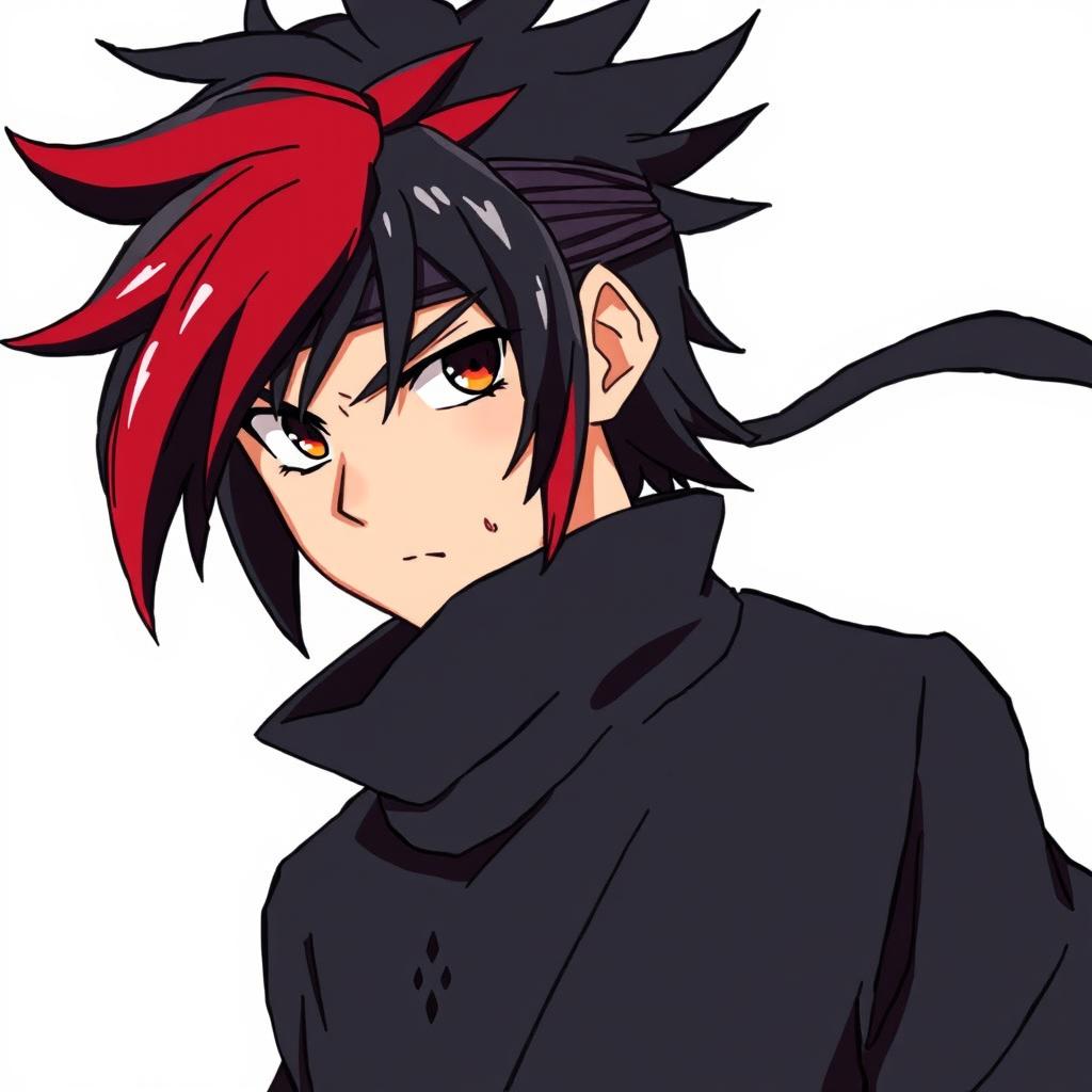An anime-style illustration of a male character with a mullet haircut featuring a striking red streak in his black hair