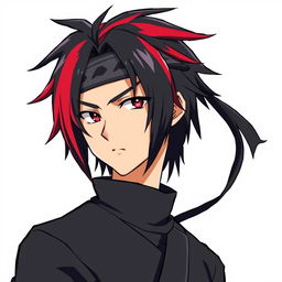 An anime-style illustration of a male character with a mullet haircut featuring a striking red streak in his black hair