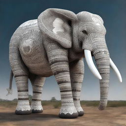 A high-quality digital art image of a colossal elephant with four tusks, its body adorned with numerous white markings