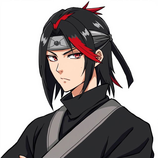 An anime-style illustration of a male character with a mullet haircut featuring a striking red streak in his black hair
