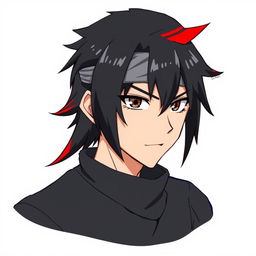 An anime-style illustration of a male character with a mullet haircut featuring a striking red streak in his black hair