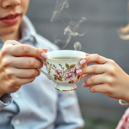 A charming close-up image of a delicate tea cup being held by a boy's and a girl's hands