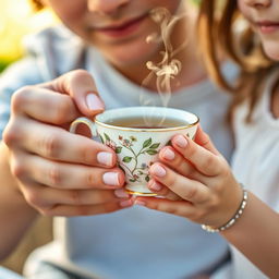 A charming close-up image of a delicate tea cup being held by a boy's and a girl's hands
