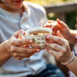 A charming close-up image of a delicate tea cup being held by a boy's and a girl's hands