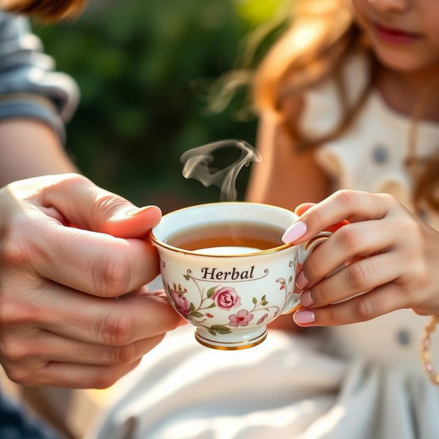 A charming close-up image of a delicate tea cup being held by a boy's and a girl's hands