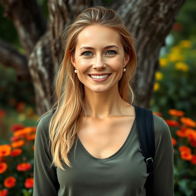 A full-length photo of a woman aged 30-35 with a natural appearance, featuring minimal makeup and well-groomed hair