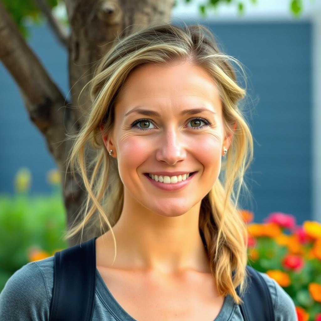 A full-length photo of a woman aged 30-35 with a natural appearance, featuring minimal makeup and well-groomed hair