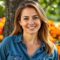 A full-length photo of a woman aged 30-35 with a natural appearance, featuring minimal makeup and well-groomed hair