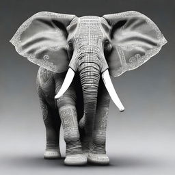 A high-quality digital art image of a colossal elephant with four tusks, its body adorned with numerous white markings