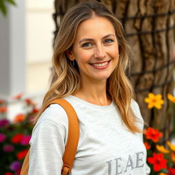 A full-length photo of a woman aged 30-35 with a natural appearance, featuring minimal makeup and well-groomed hair