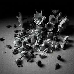 Un conjunto de flores pudriéndose, con pétalos marchitos y hojas secas desmoronándose en un ambiente melancólico