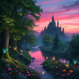 An enchanting forest at twilight, illuminated by soft, ethereal pink and purple hues of the sky blending into deep blues