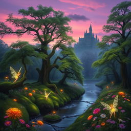 An enchanting forest at twilight, illuminated by soft, ethereal pink and purple hues of the sky blending into deep blues