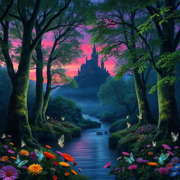 An enchanting forest at twilight, illuminated by soft, ethereal pink and purple hues of the sky blending into deep blues