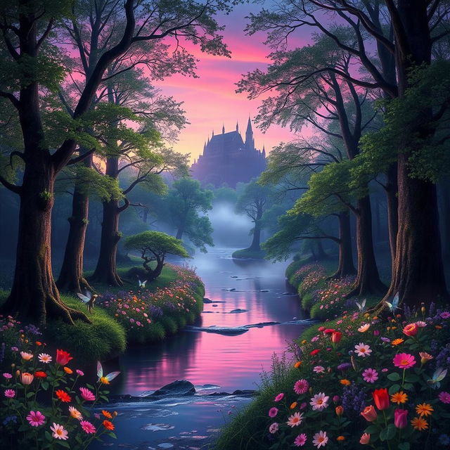 An enchanting forest at twilight, illuminated by soft, ethereal pink and purple hues of the sky blending into deep blues