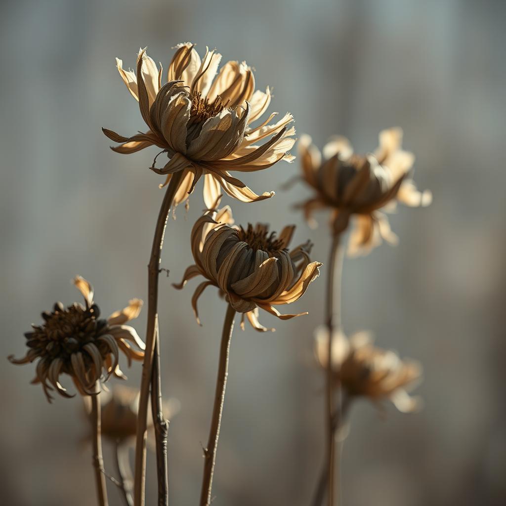 A dramatic composition featuring withered flowers, showcasing their dry and desolate beauty