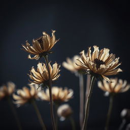 A dramatic composition featuring withered flowers, showcasing their dry and desolate beauty