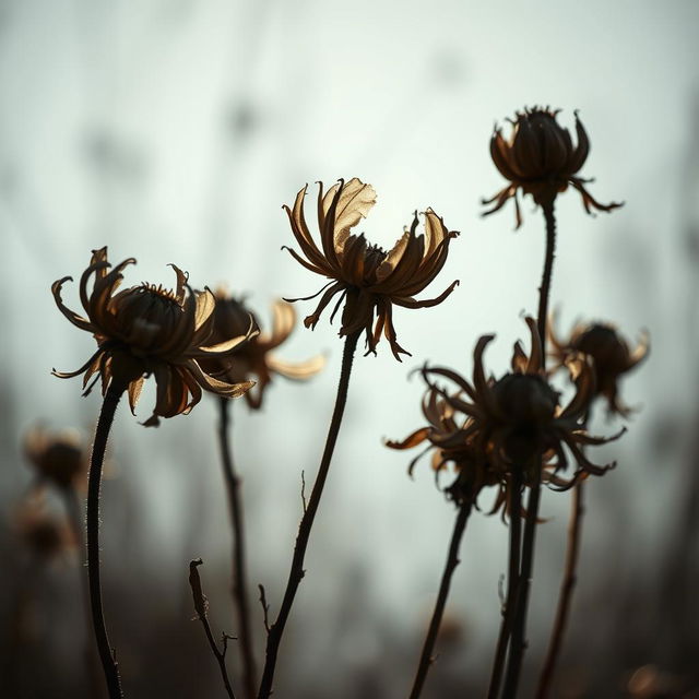 A dramatic composition featuring withered flowers, showcasing their dry and desolate beauty