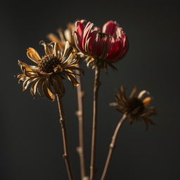 A dramatic composition featuring withered flowers, showcasing their dry and desolate beauty